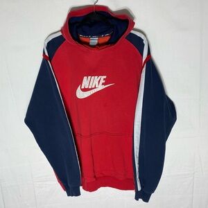Vintage Nike Red & Navy Blue Color Block Sweatshirt Pullover Logo Hoodie XXL